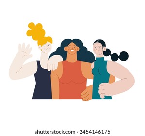 Group of beautiful young smiling women embracing each other. Different skin tone females in sport clothes standing opposite each other holding arm on waist, waving hello. Vector flat illustration.