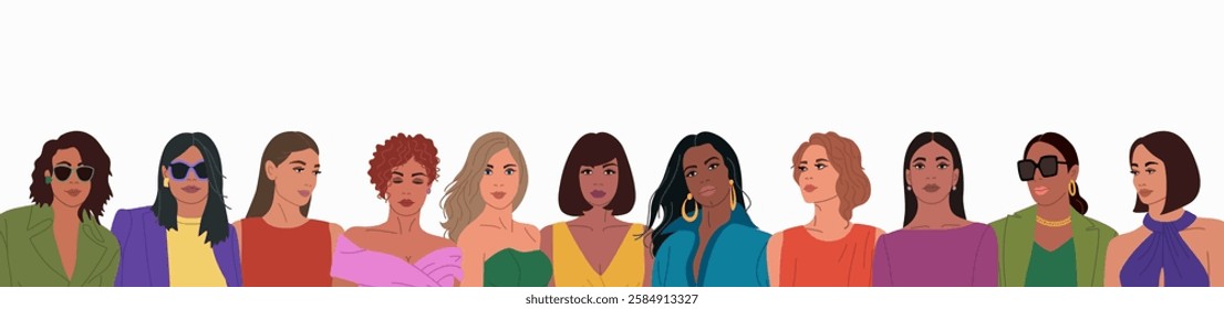 Group of beautiful young women of different nationalities together. Hand drawn vector illustration isolated on white background. Modern flat cartoon style.
