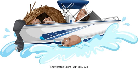 Group Of Beavers On Speedboat Illustration