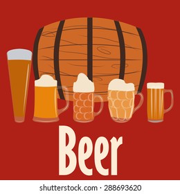 Group of beer glasses and mugs with a wooden barrel. Vector illustration
