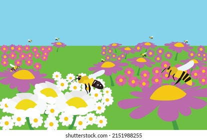 group of bees fly over white, lilac and purple flowers with blue sky