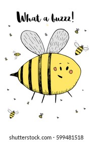 Group of bees. Hand drawn illustration for cards, posters or children's books. Color,