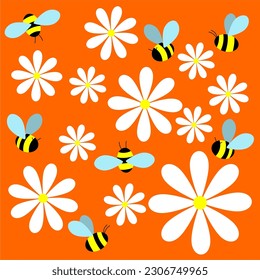 Un grupo de abejas con flores blancas en un fondo anaranjado.