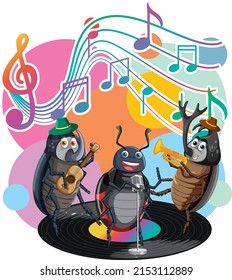 Group of beetle playing music together illustration