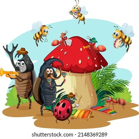 Group of beetles and bees cartoon character illustration