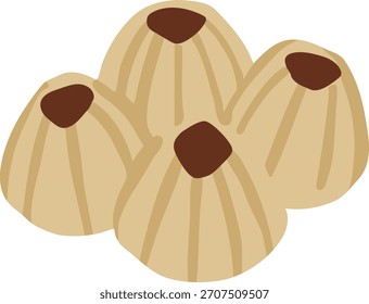 A group of beige rounded volcanic cones with darker tops arranged closely together.
