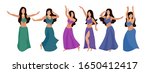 Group of belly dancers with a multicolor shawl on a white isolated background. Beautiful brunette women dance oriental dance. Vector set of six flat style dancers. Poster for a dance school or show.
