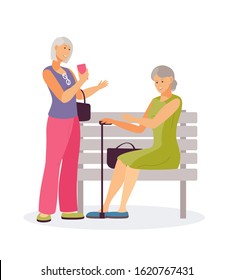 Group best elderly friends meeting. Couple older women meet, sitting on bench, discuss the news. Cartoon vector illustration