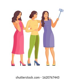 Group best friends, young woman smiling take a selfie. Couple of girlfriends meeting go shopping, are talking, take a joint selfie on the phone. Cartoon vector illustration