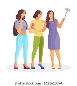 Group best friends, young woman smiling take a selfie. Couple of girlfriends meeting go shopping, are talking, take a joint selfie on the phone. Cartoon vector illustration