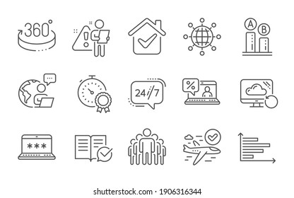 Group, Best result and 360 degrees line icons set. Recovery cloud, 24h service and Laptop password signs. Ab testing, Online loan and Confirmed flight symbols. Line icons set. Vector