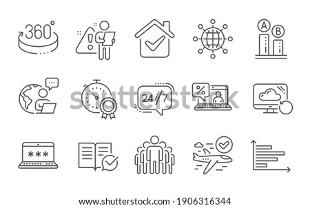 Group, Best result and 360 degrees line icons set. Recovery cloud, 24h service and Laptop password signs. Ab testing, Online loan and Confirmed flight symbols. Line icons set. Vector