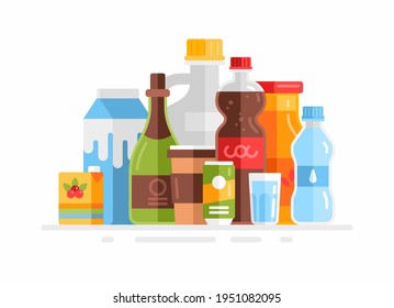 Group of beverages. Flat vector illustration. Milk, juice, soda, water, coffee, wine isolated on white. Plastic, glass bottles, metallic can. Fits for grocery store department advertising banner