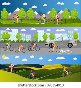 Grupo de ciclistas en bicicleta en las montañas, carretera y parque. Pancartas de dibujos animados. Ilustración vectorial en diseño plano.