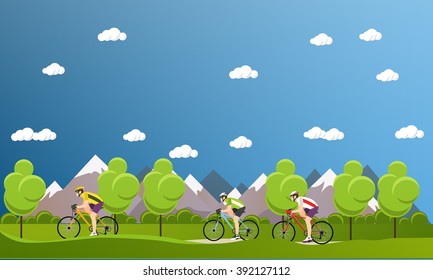 Group of bicycle riders on bikes in mountains and park. Biking sport concept cartoon banners. Vector illustration in flat style design.
