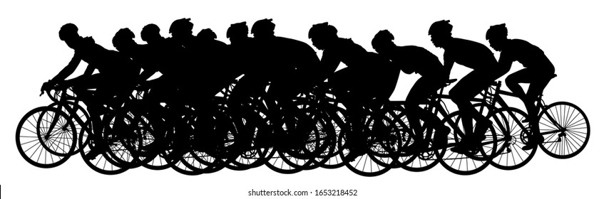 Group of bicyclists in race riding a bicycle isolated against white background silhouette vector illustration. Sport tourist company friends on bicycles . Silhouette people, mountain bike. Friendship.