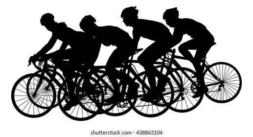 Group of bicyclists in race riding a bicycle isolated against white background silhouette vector illustration. Sport tourist company friends on bicycles . Silhouette people, mountainbike. Friendship.