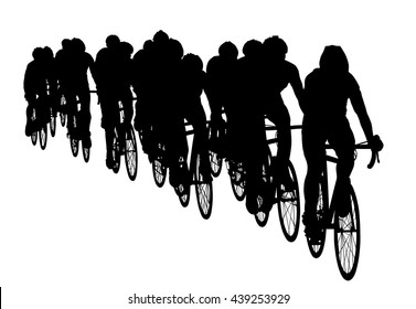 Group of bicyclists in race riding a bicycle isolated against white background silhouette vector illustration. Sport tourist company friends on bicycles . Silhouette people, mountain bike. Friendship.