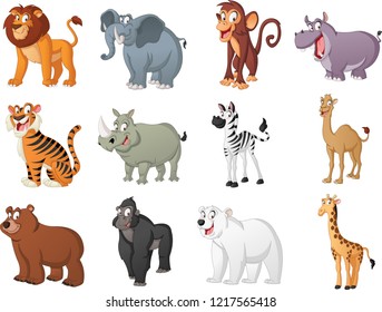 Group of big cartoon animals. Vector illustration of funny happy animals.