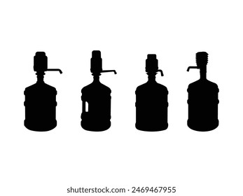 Group of Big Water Bottle with Pump Silhouette isolated white background. Vector Illustration