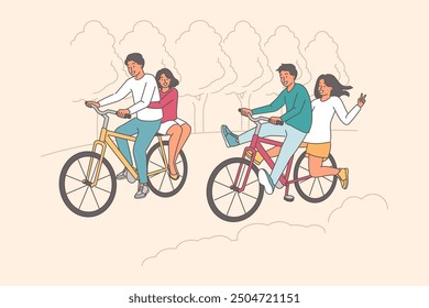 Group bike ride for men and women enjoying trip through park, sitting together on bicycles. Guys ride girls on bicycles, having fun and getting positive emotions from outdoor activities