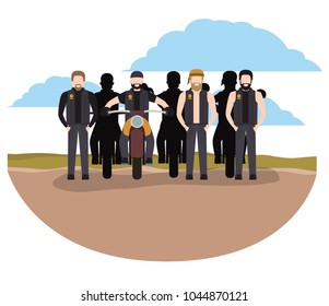 group of bikers in the classic motorcycle scene character