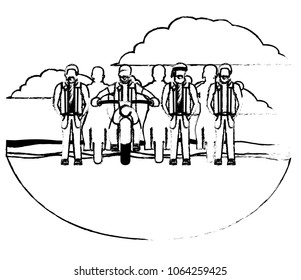 group of bikers in the classic motorcycle scene character