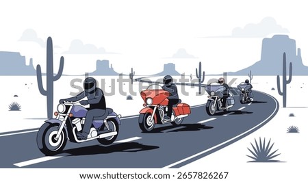 A group of bikers ride down a desert highway past cacti and mountains