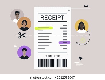 Group bill split receipt with detailed breakdown and illustrations of participants in a collaborative expense sharing setting