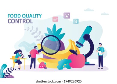 Group Of Biochemists Check Quality Of Products. Man With Magnifying Glass Checks Composition Of Fruit. People In Laboratory Doing Experiments On Food. Food Control Concept. Flat Vector Illustration