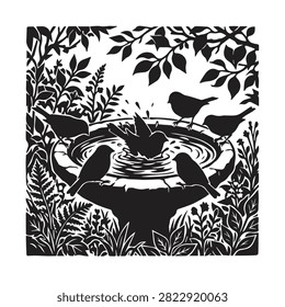 Group of birds bathing in a garden birdbath surrounded by foliage with birdbath wildlife outdoors illustration backyard environment gathering ornithology shrubbery peaceful drinking