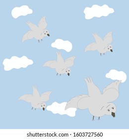 a group of birds flying in the blue sky