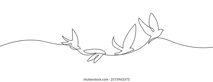 Group of Birds Flying Together. Birds Flying Simple Black One Line Silhouette on White Background for Minimalist Design. Vector Illustration. Not AI