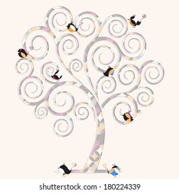 group of birds with geometric textures on a spiral tree, white background.