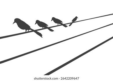 a group of birds perched on a power line with no background