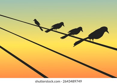 a group of birds perched on power lines with a colorful abstract sky background