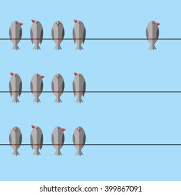 Group of birds perching on wire together and an independent free unique one apart. Courage, will power, individuality, leadership concept. EPS 8 vector illustration, no transparency