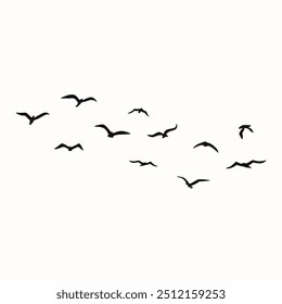 A group of birds in scattered flight, silhouetted against a white background, creates a minimalist and serene sense of freedom.