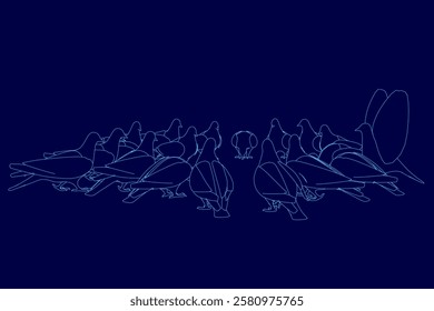 A group of birds are sitting on a blue background. The birds are in various positions, some are standing and others are sitting. The image has a peaceful and serene mood