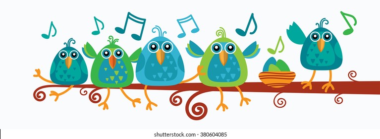 Group Of Birds Sitting On Branch Listen Music Notes Singing Flat Vector Illustration