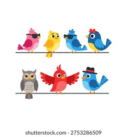 A group of birds sitting on a line