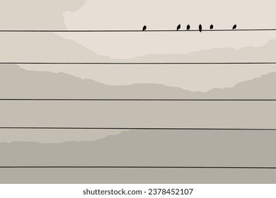 Gruppe von Vögeln, die früh am Morgen auf Stromleitungen sitzen. Schöner einfarbiger Himmel bei Sonnenschein.