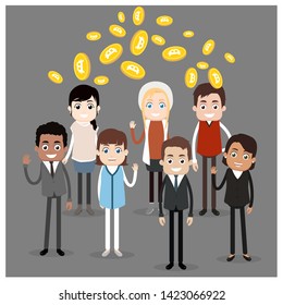group of bitcoin traders and users -  bitcoin falling from above vector illustration