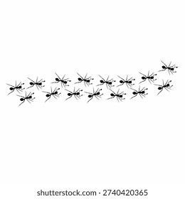 A group of black ants walking in a row in one direction on a white background. Vector illustration