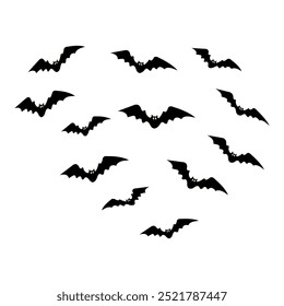 A group of black bats with glowing eyes flying in various directions. Suitable for spooky invitation, decoration for party flyer for Halloween.