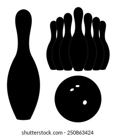 Group of black bowling pins standing at the end of a alley, skittles, one pin and ball. sport object concept, vector art image eps10 illustration isolated on white background, simple silhouette design