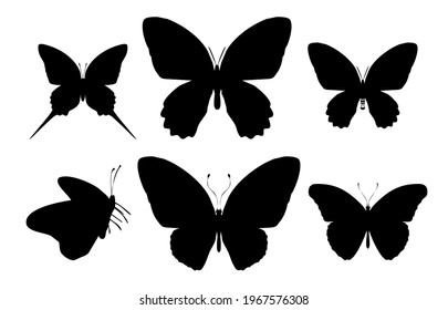 Icono de grupo de mariposas negras, aisladas en fondo blanco. Vector