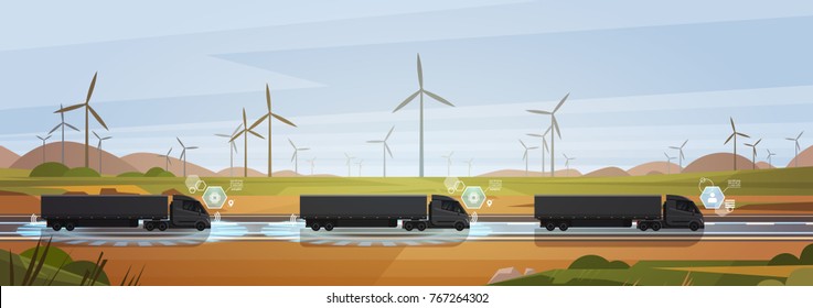 Group Of Black Cargo Truck With Trailers Driving On Countryside Road Over Nature Landscape Horizontal Banner Vector Illustration