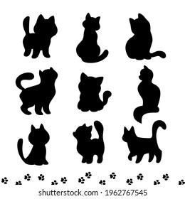 Group of black cat silhouettes sitting, walking, standing isolated on white background. Cat paw print trace. Vector flat simple illustration.