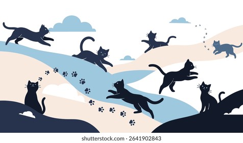 A Group of Black Cats in Natural Environment Illustration